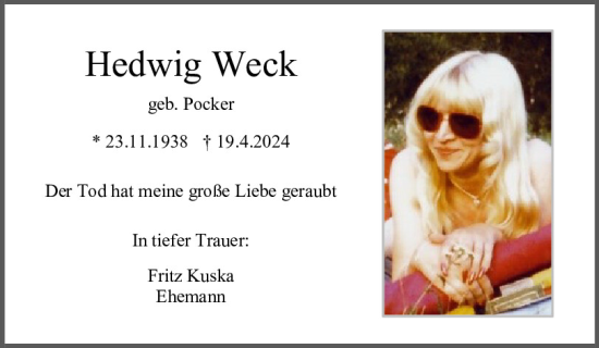 Traueranzeige von Hedwig Weck von Mittelbayerische Zeitung Regensburg