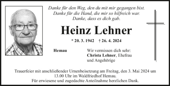 Traueranzeige von Heinz Lehner von Mittelbayerische Zeitung Regensburg