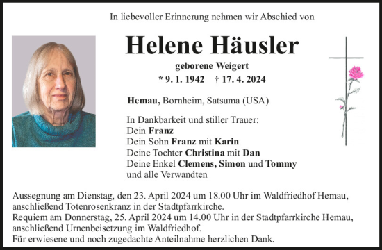 Traueranzeige von Helene Häusler von Mittelbayerische Zeitung Regensburg