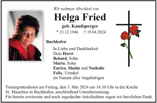 Traueranzeige von Helga Fried von Mittelbayerische Zeitung Kelheim