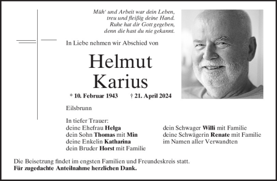 Traueranzeige von Helmut Karius von Mittelbayerische Zeitung Regensburg
