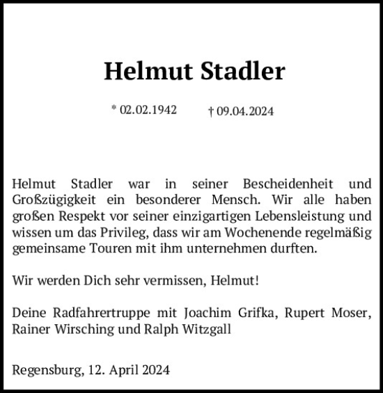 Traueranzeige von Helmut Stadler von Mittelbayerische Zeitung Gesamtausgabe