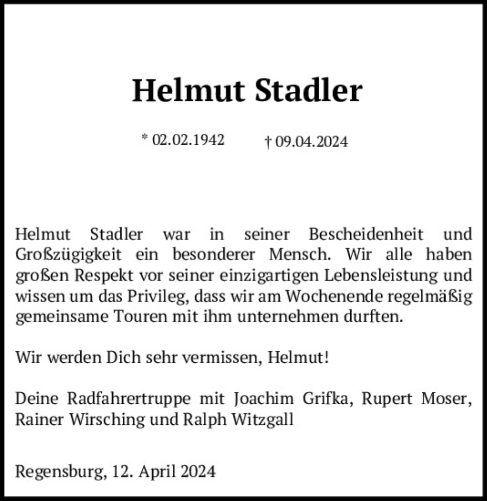  Traueranzeige für Helmut Stadler vom 13.04.2024 aus Mittelbayerische Zeitung Gesamtausgabe