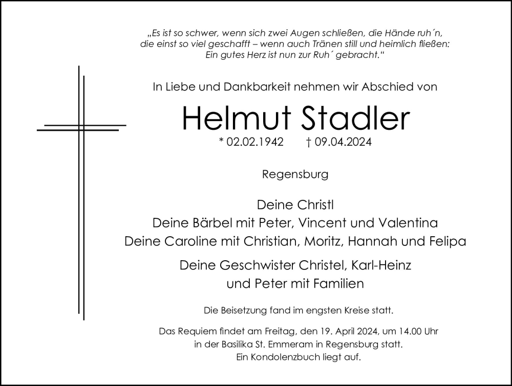  Traueranzeige für Helmut Stadler vom 13.04.2024 aus Mittelbayerische Zeitung Gesamtausgabe