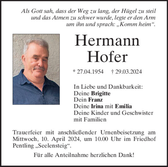 Traueranzeige von Hermann Hofer von Mittelbayerische Zeitung Regensburg