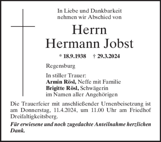 Traueranzeige von Hermann Jobst von Mittelbayerische Zeitung Regensburg