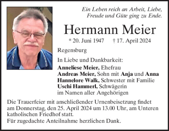 Traueranzeige von Hermann Meier von Mittelbayerische Zeitung Regensburg