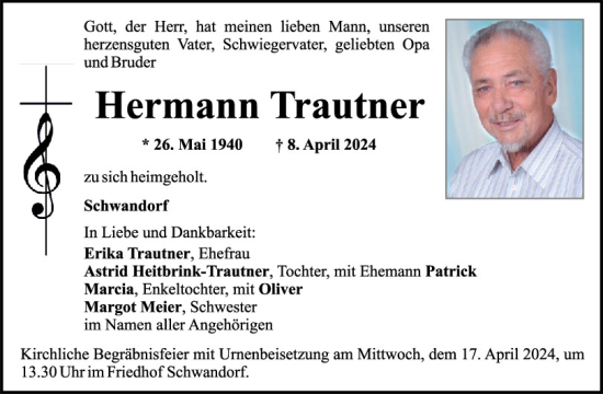 Traueranzeige von Hermann Trautner von Mittelbayerische Zeitung Schwandorf