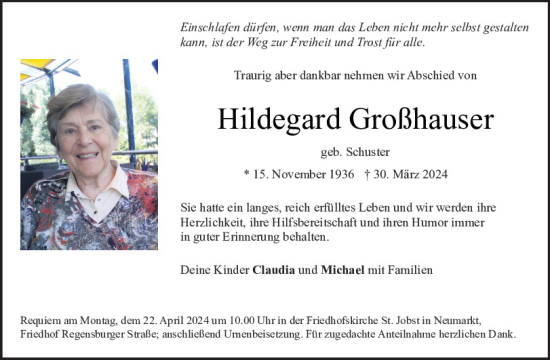 Traueranzeige von Hildegard Großhauser von Neumarkter Tagblatt
