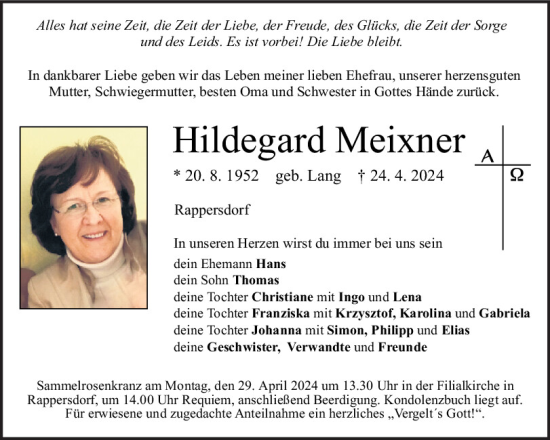 Traueranzeige von Hildegard Meixner von Neumarkter Tagblatt