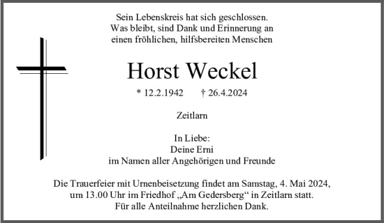 Traueranzeige von Horst Weckel von Mittelbayerische Zeitung Regensburg