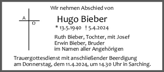 Traueranzeige von Hugo Bieber von Mittelbayerische Zeitung Regensburg