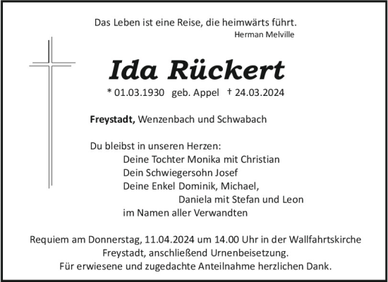 Traueranzeige von Ida Rückert von Neumarkter Tagblatt