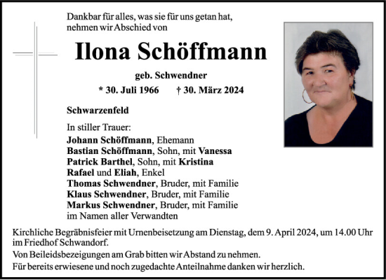 Traueranzeige von Ilona Schöffmann von Mittelbayerische Zeitung Schwandorf