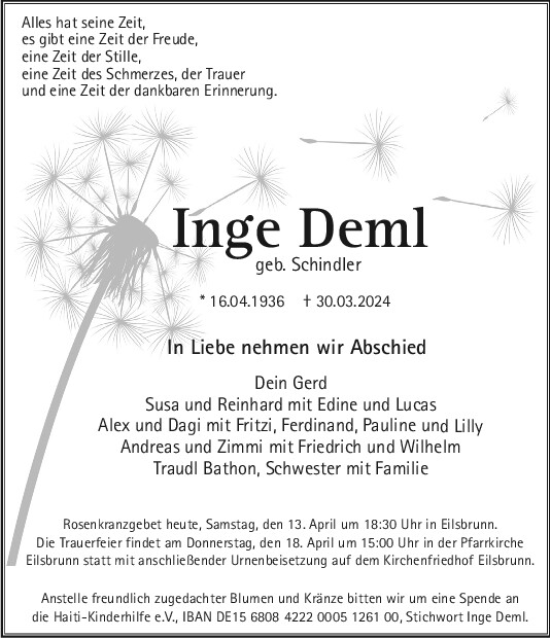 Traueranzeige von Inge Deml von Mittelbayerische Zeitung Regensburg