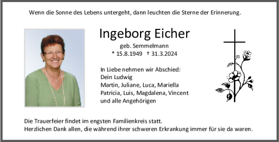 Traueranzeige von Ingeborg Eicher von Mittelbayerische Zeitung Regensburg