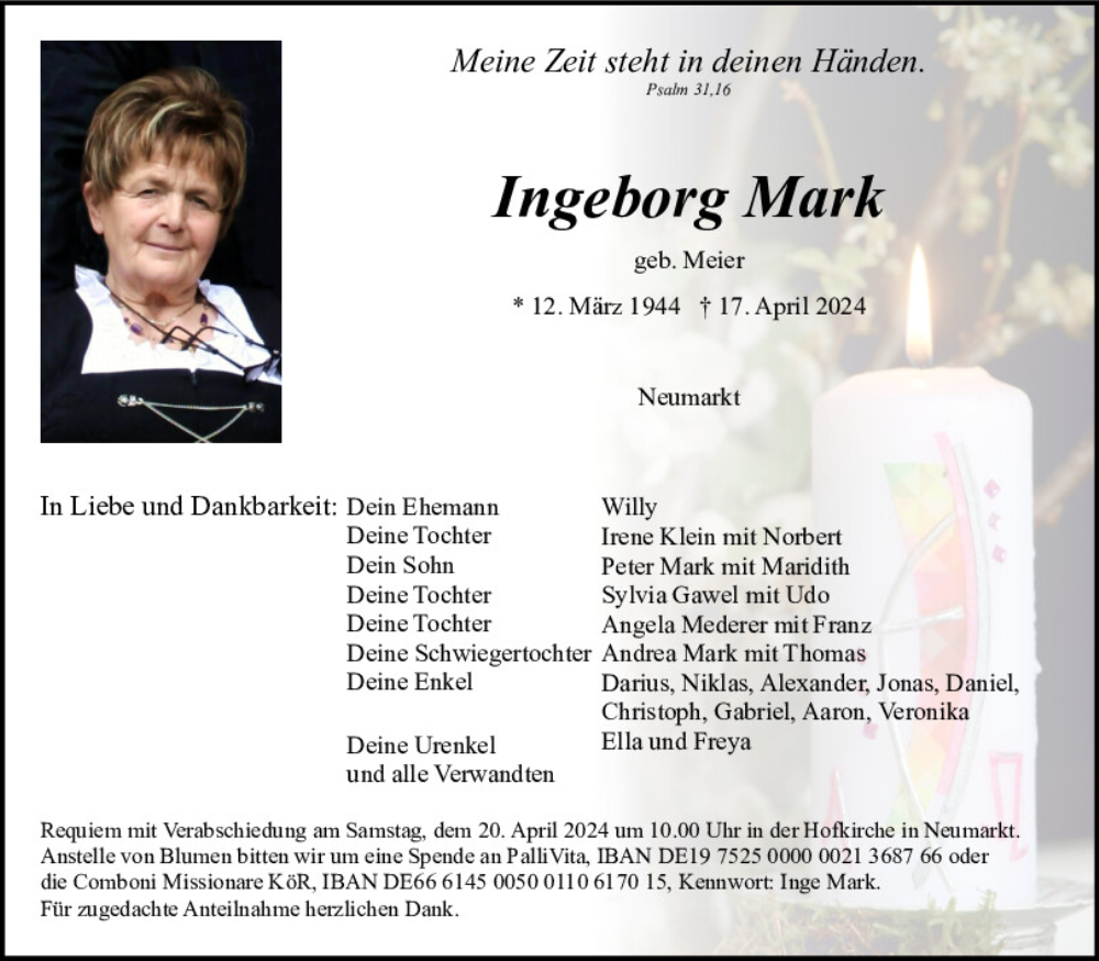  Traueranzeige für Ingeborg Mark vom 19.04.2024 aus Neumarkter Tagblatt