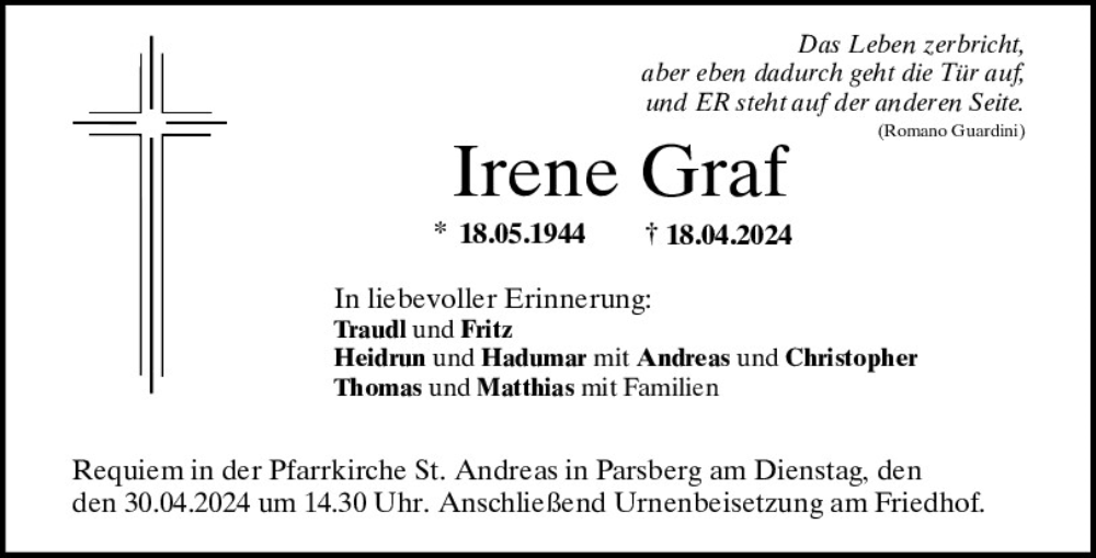 Traueranzeige für Irene Graf vom 27.04.2024 aus Neumarkter Tagblatt