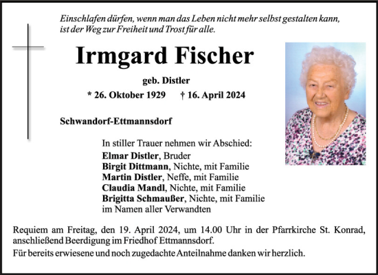 Traueranzeige von Irmgard Fischer von Mittelbayerische Zeitung Schwandorf