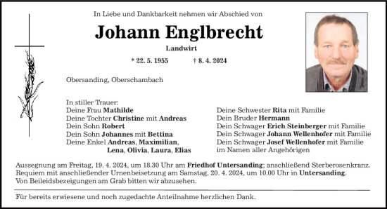 Traueranzeige von Johann Englbrecht von Mittelbayerische Zeitung Regensburg