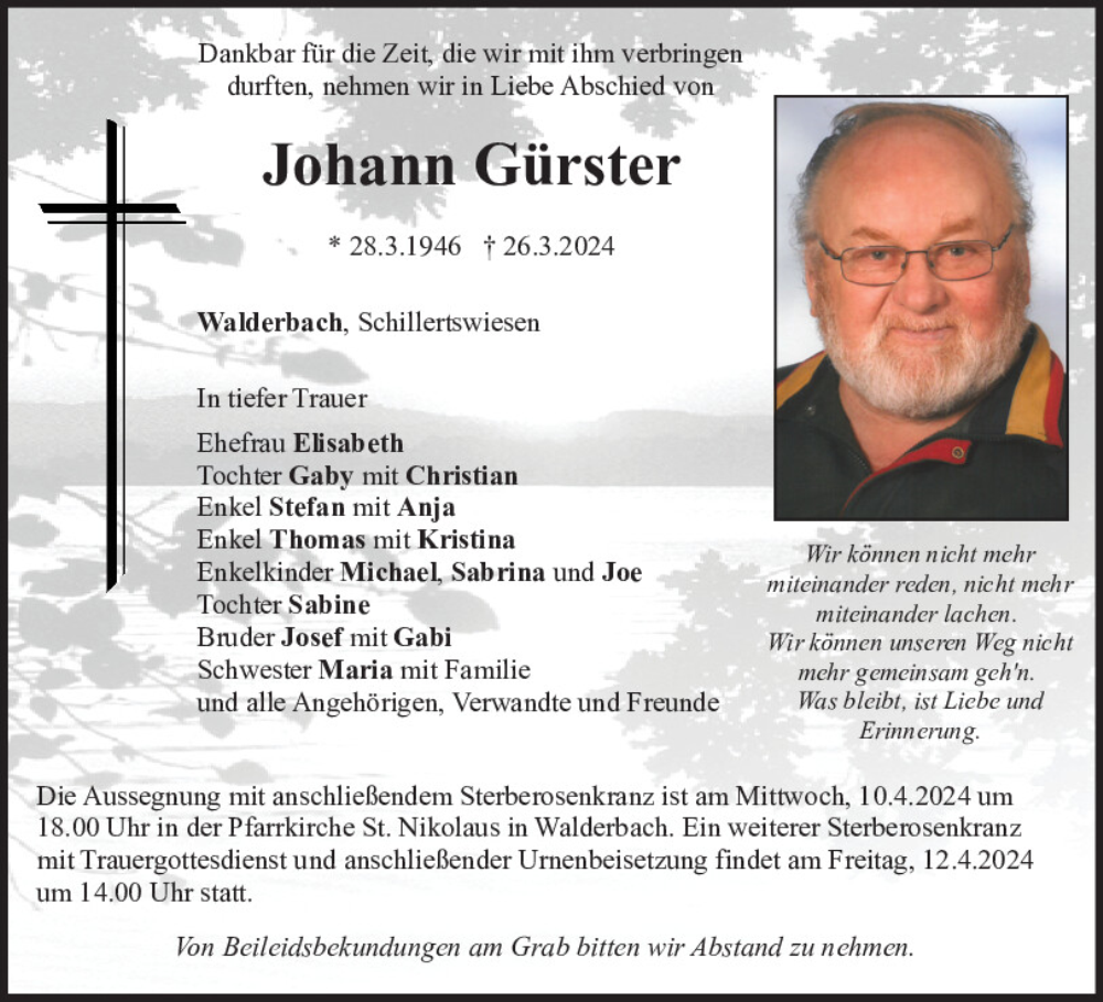  Traueranzeige für Johann Gürster vom 06.04.2024 aus Bayerwald Echo