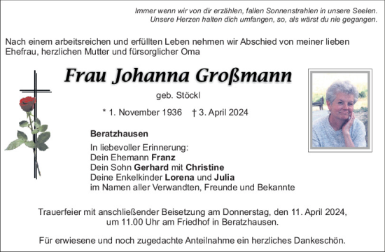 Traueranzeige von Johanna Großmann von Mittelbayerische Zeitung Regensburg