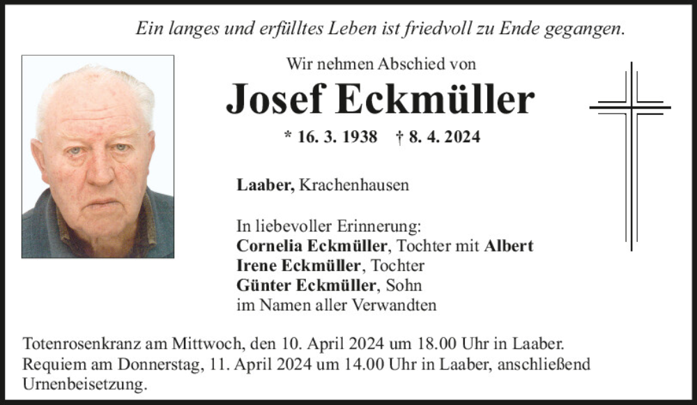  Traueranzeige für Josef Eckmüller vom 09.04.2024 aus Mittelbayerische Zeitung Regensburg
