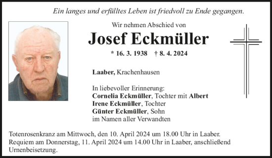 Traueranzeige von Josef Eckmüller von Mittelbayerische Zeitung Regensburg
