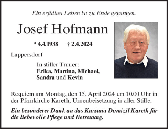 Traueranzeige von Josef Hofmann von Mittelbayerische Zeitung Regensburg
