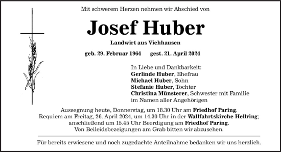 Traueranzeige von Josef Huber von Mittelbayerische Zeitung Kelheim