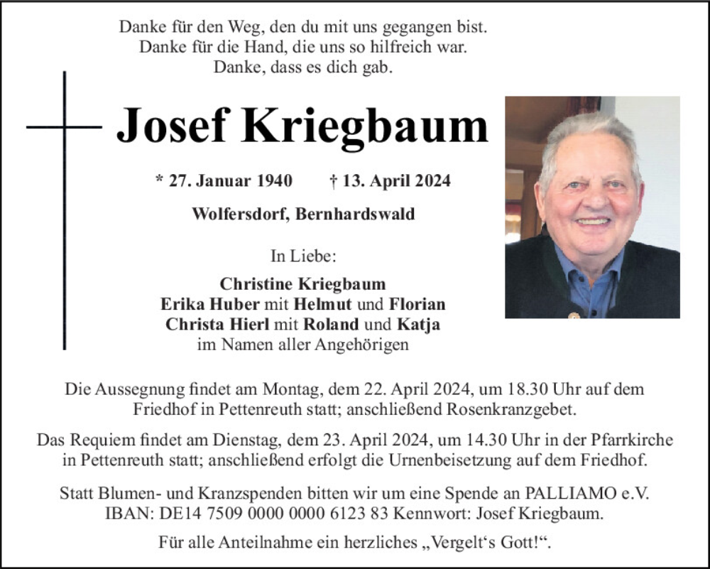 Traueranzeige für Josef Kriegbaum vom 18.04.2024 aus Mittelbayerische Zeitung Regensburg