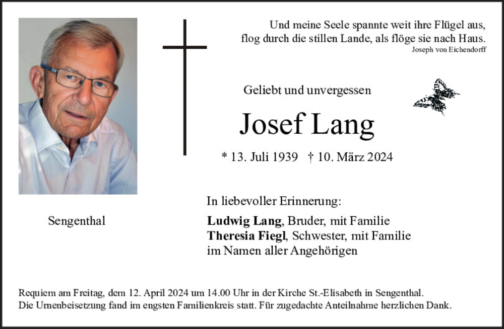  Traueranzeige für Josef Lang vom 06.04.2024 aus Neumarkter Tagblatt
