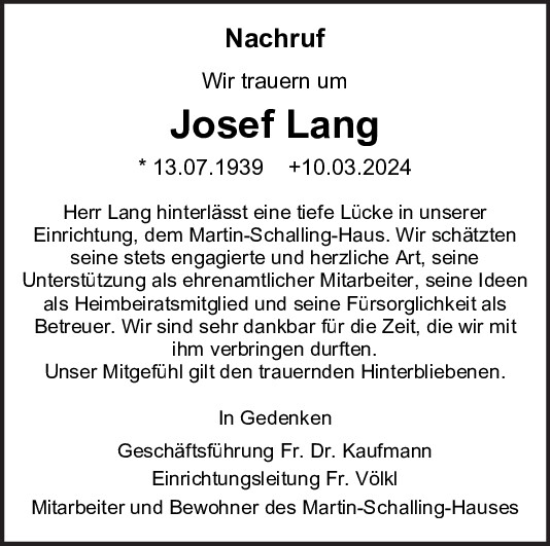 Traueranzeige von Josef Lang von Neumarkter Tagblatt