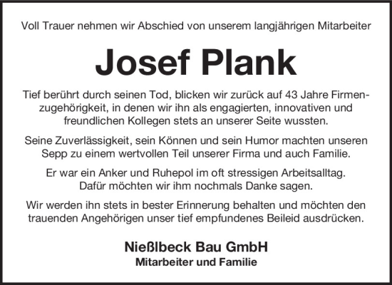 Traueranzeige von Josef Plank von Neumarkter Tagblatt