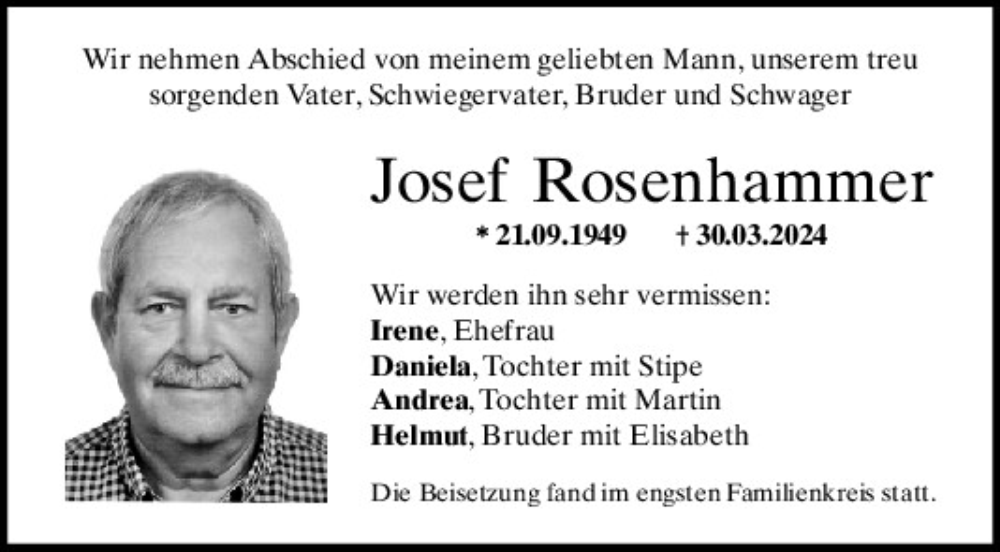  Traueranzeige für Josef Rosenhammer vom 13.04.2024 aus Mittelbayerische Zeitung Regensburg