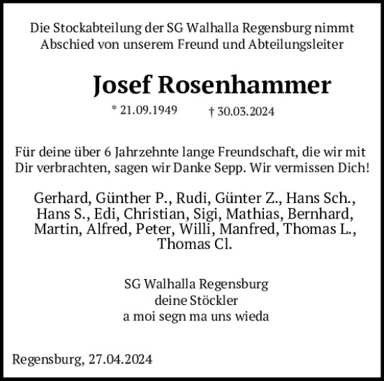 Traueranzeige von Josef Rosenhammer von Mittelbayerische Zeitung Regensburg