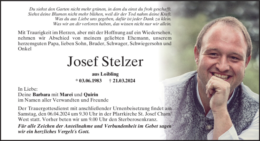  Traueranzeige für Josef Stelzer vom 03.04.2024 aus Bayerwald Echo
