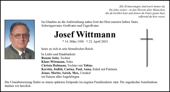 Traueranzeige von Josef Wittmann von Neumarkter Tagblatt