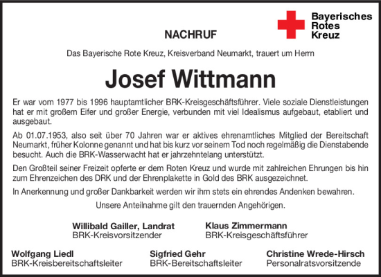 Traueranzeige von Josef Wittmann von Neumarkter Tagblatt