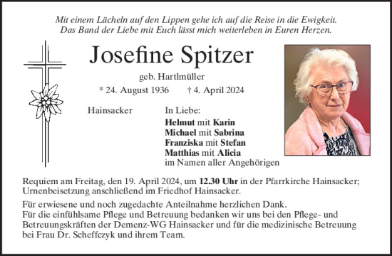 Traueranzeige von Josefine Spitzer von Mittelbayerische Zeitung Regensburg