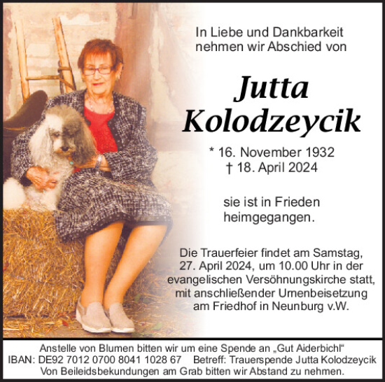Traueranzeige von Jutta Kolodzeycik von Mittelbayerische Zeitung Schwandorf
