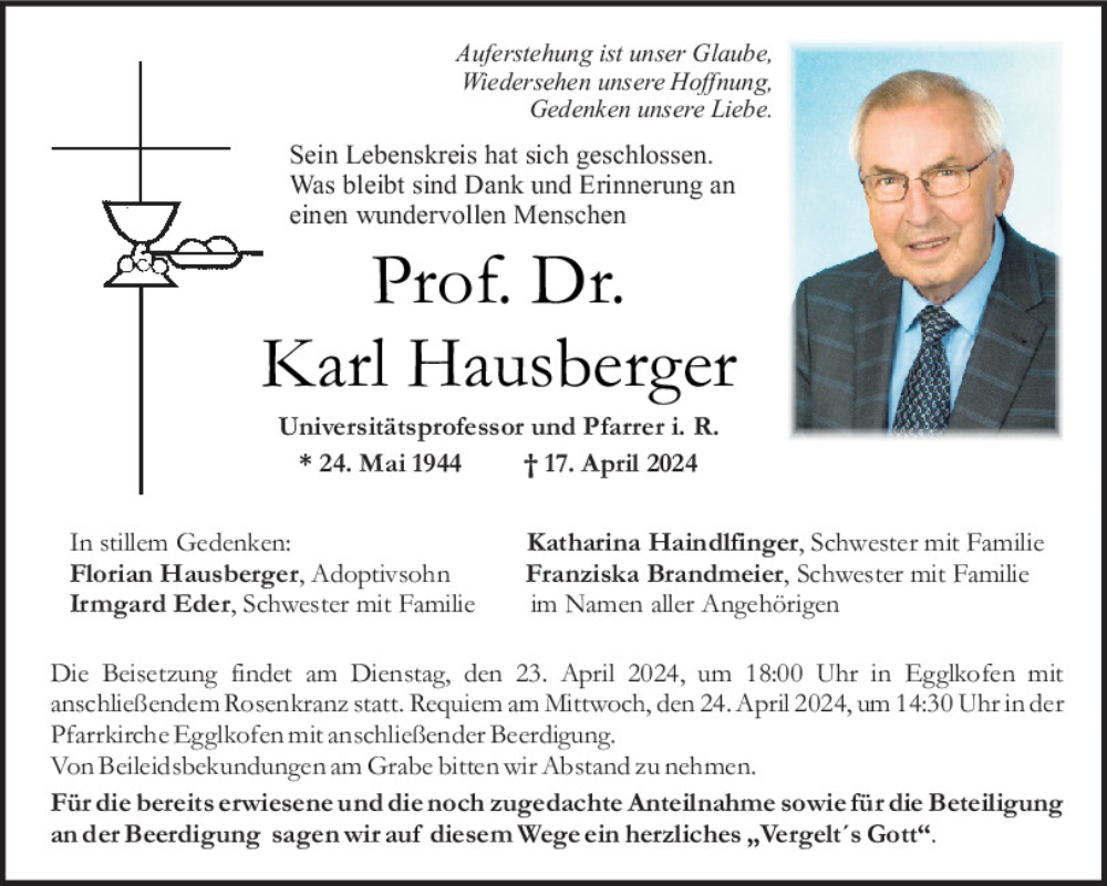  Traueranzeige für Karl Hausberger vom 20.04.2024 aus Mittelbayerische Zeitung Regensburg