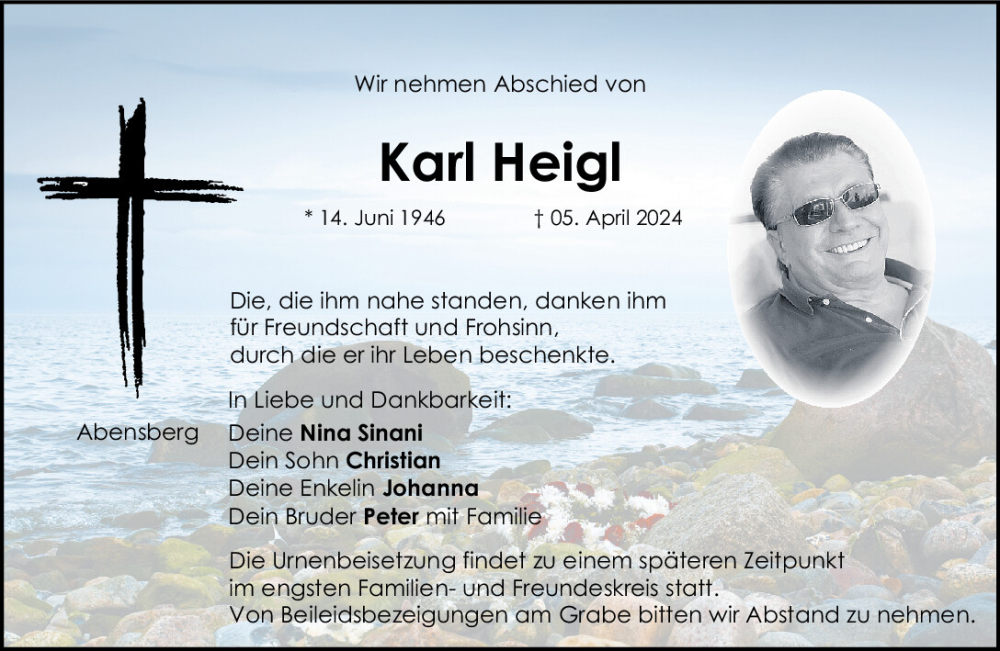  Traueranzeige für Karl Heigl vom 13.04.2024 aus Mittelbayerische Zeitung Kelheim