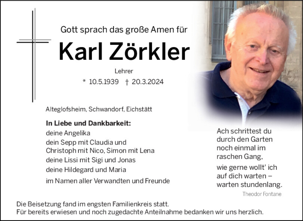  Traueranzeige für Karl Zörkler vom 06.04.2024 aus Mittelbayerische Zeitung Schwandorf
