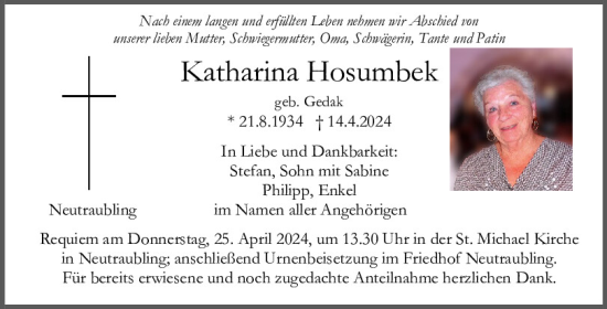 Traueranzeige von Katharina Hosumbek von Mittelbayerische Zeitung Regensburg