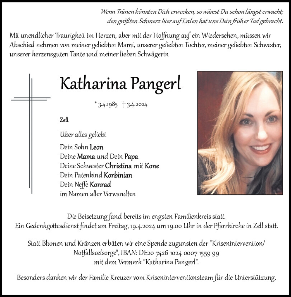  Traueranzeige für Katharina Pangerl vom 13.04.2024 aus Bayerwald Echo