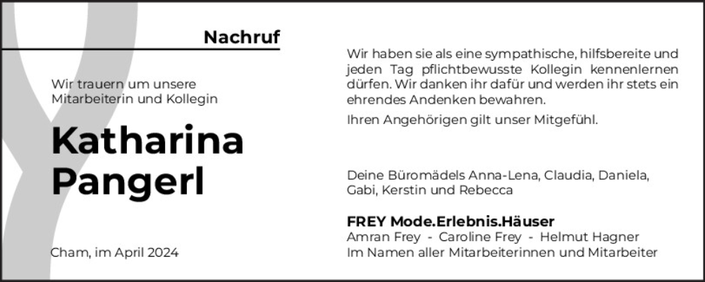  Traueranzeige für Katharina Pangerl vom 13.04.2024 aus Bayerwald Echo