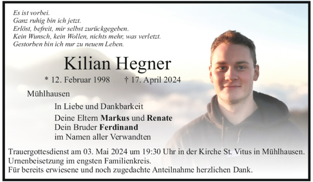  Traueranzeige für Kilian Hegner vom 30.04.2024 aus Mittelbayerische Zeitung Kelheim