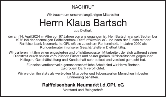 Traueranzeige von Klaus Bartsch von Neumarkter Tagblatt