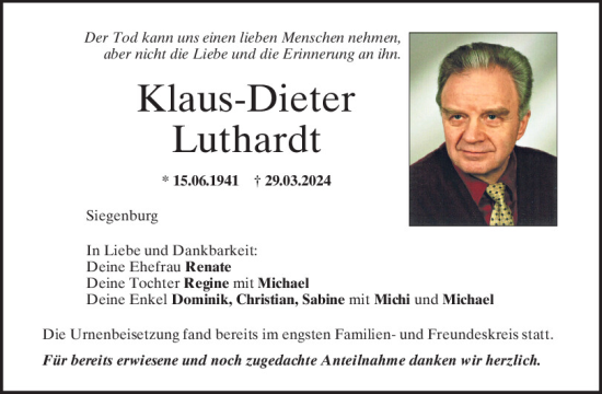 Traueranzeige von Klaus-Dieter Luthardt von Mittelbayerische Zeitung Kelheim